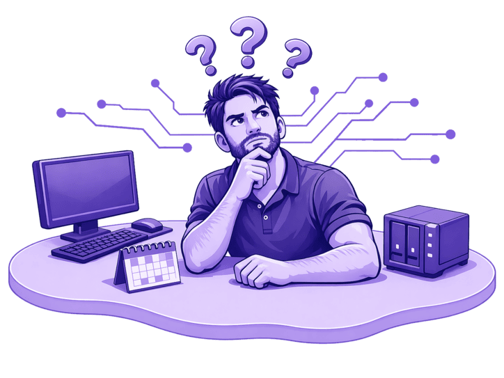 Ilustración de técnico informático resolviendo dudas frecuentes sobre soporte, ordenadores y servicios tecnológicos