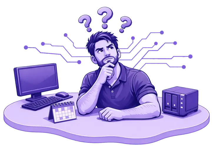 Ilustración de técnico informático resolviendo dudas frecuentes sobre soporte, ordenadores y servicios tecnológicos