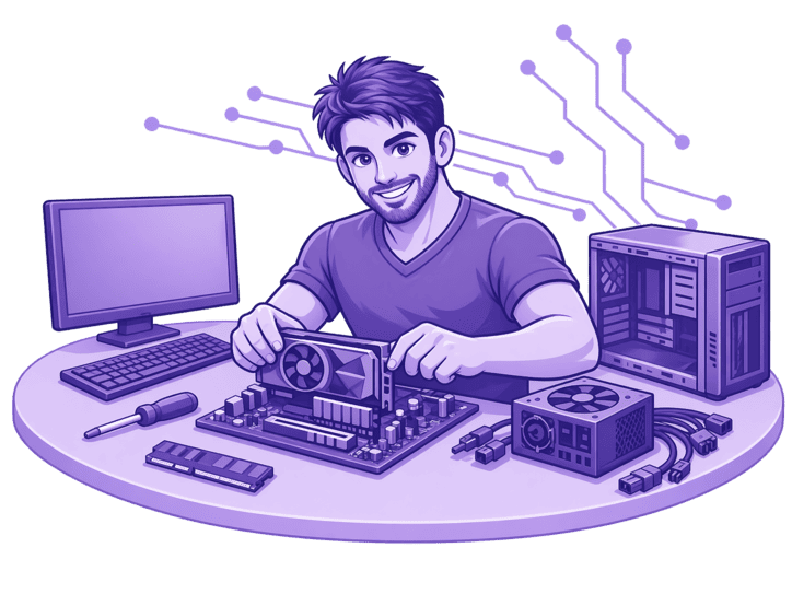 Ilustración de técnico informático reparando un ordenador en la página Sobre mí de CuReTeK