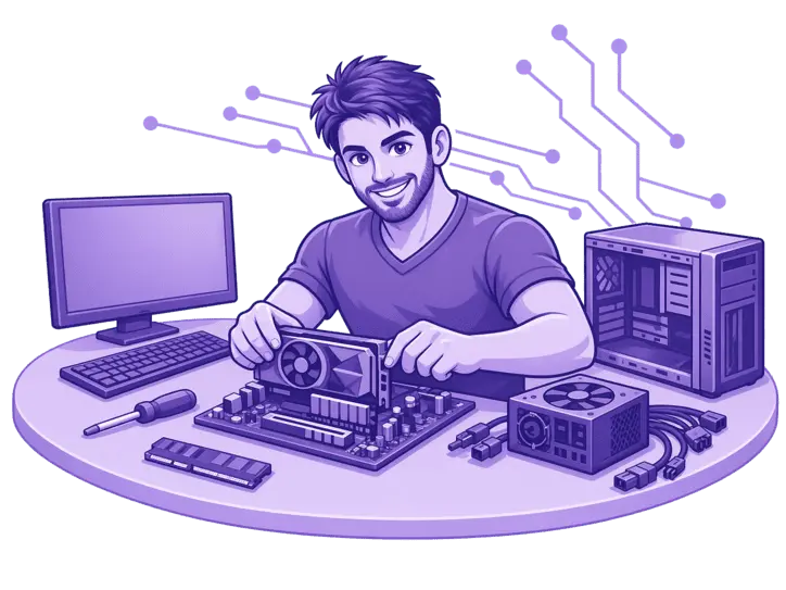 Ilustración de técnico informático reparando un ordenador en la página Sobre mí de CuReTeK