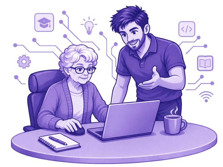 Ilustración de técnico informático ayudando a una mujer de la tercera edad en la página Sobre mí de CuReTeK