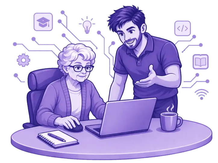 Ilustración de técnico informático ayudando a una mujer de la tercera edad en la página Sobre mí de CuReTeK