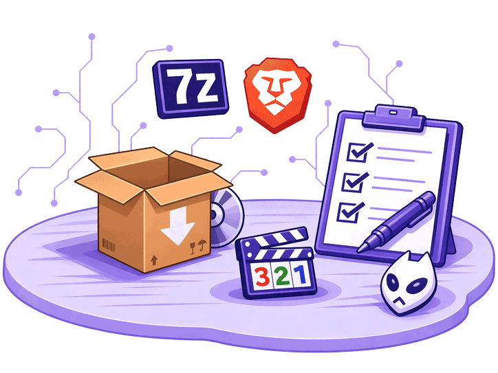 Ilustración de aplicaciones recomendadas para PC con iconos de software, lista de comprobación y herramientas digitales