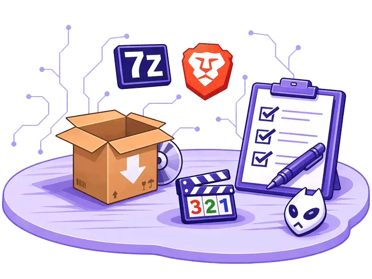 Ilustración de aplicaciones recomendadas para PC con iconos de software, lista de comprobación y herramientas digitales
