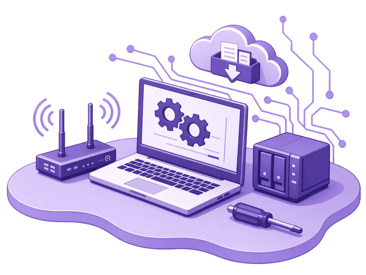 Ilustración de soporte informático con portátil, router, nube y NAS