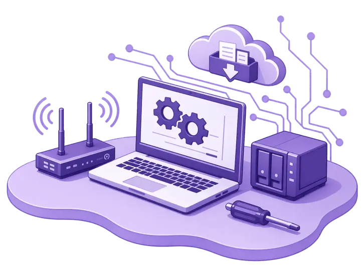 Ilustración de soporte informático con portátil, router, nube y NAS